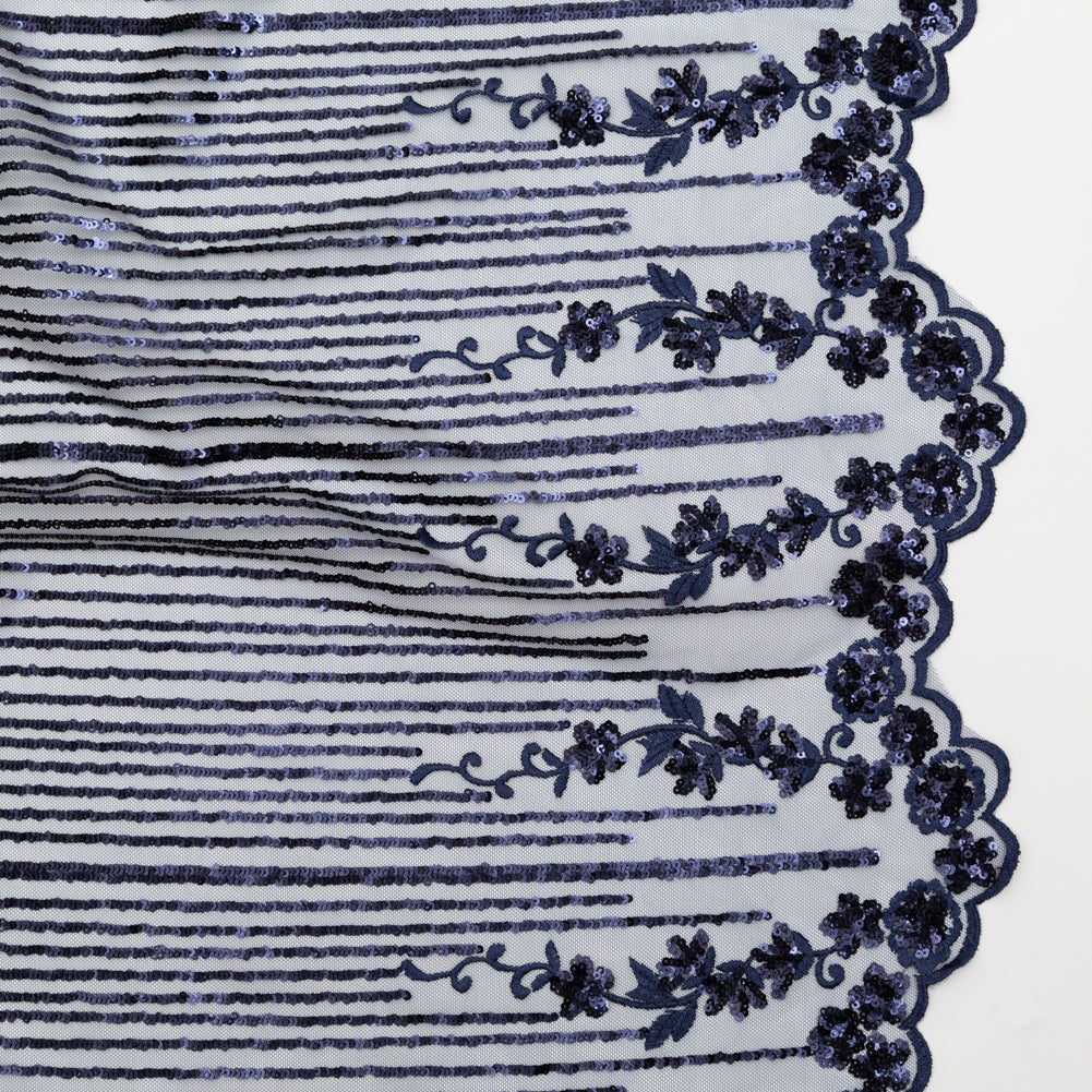 Navy Blue Floral Border Embroidered and Sequined Lace with Finished Edges