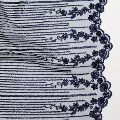 Navy Blue Floral Border Embroidered and Sequined Lace with Finished Edges