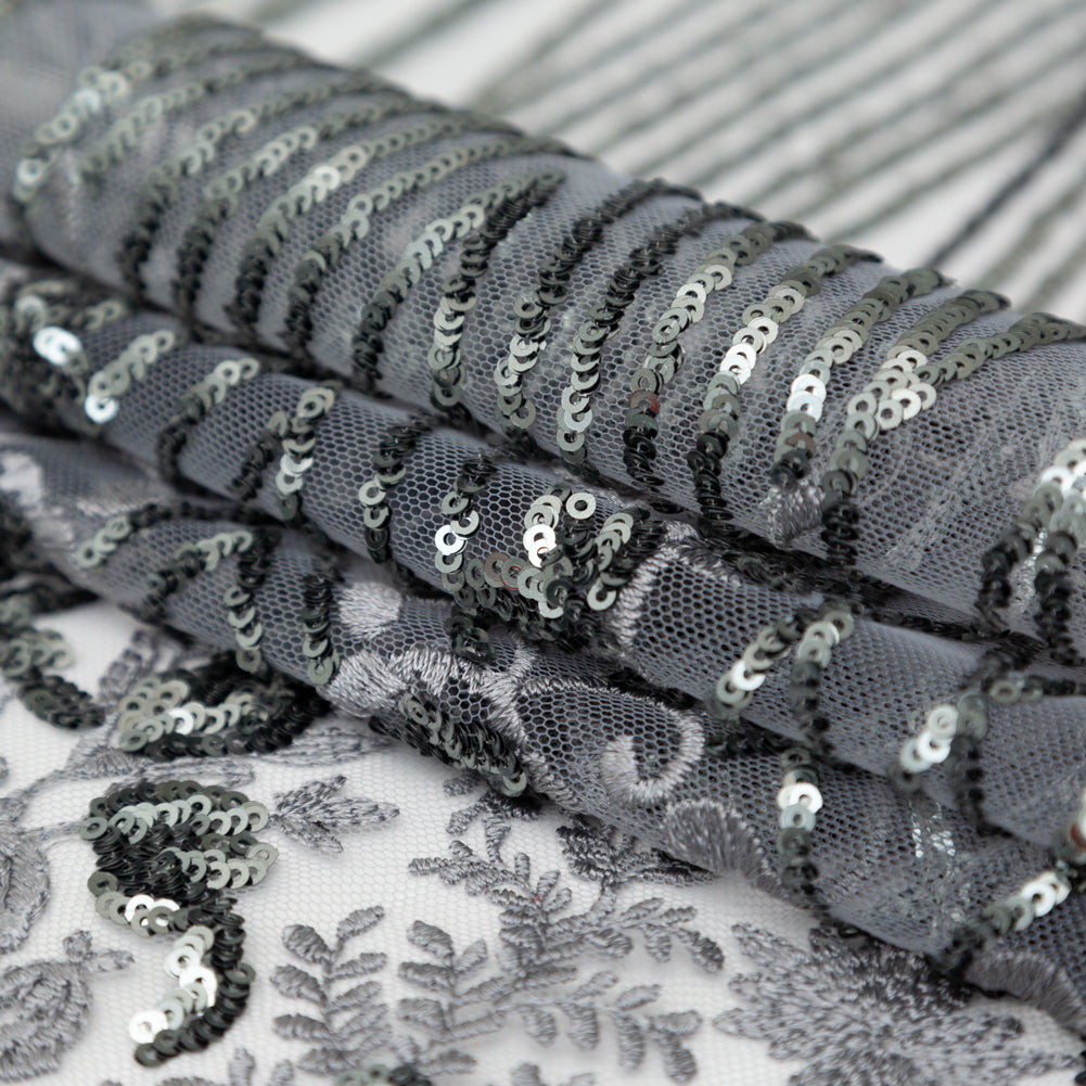 Silver Floral Border Embroidered and Sequined Lace with Finished Edges Folded