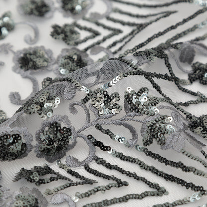 Silver Floral Border Embroidered and Sequined Lace with Finished Edges Detail