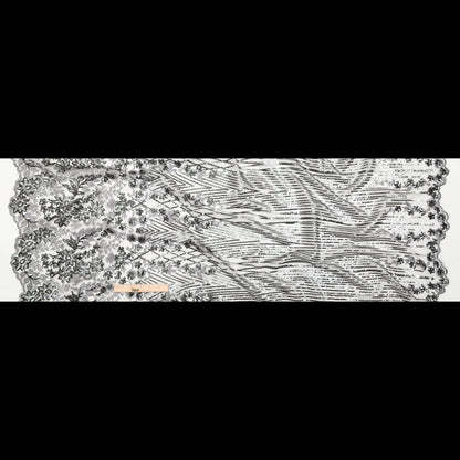 Silver Floral Border Embroidered and Sequined Lace with Finished Edges Full