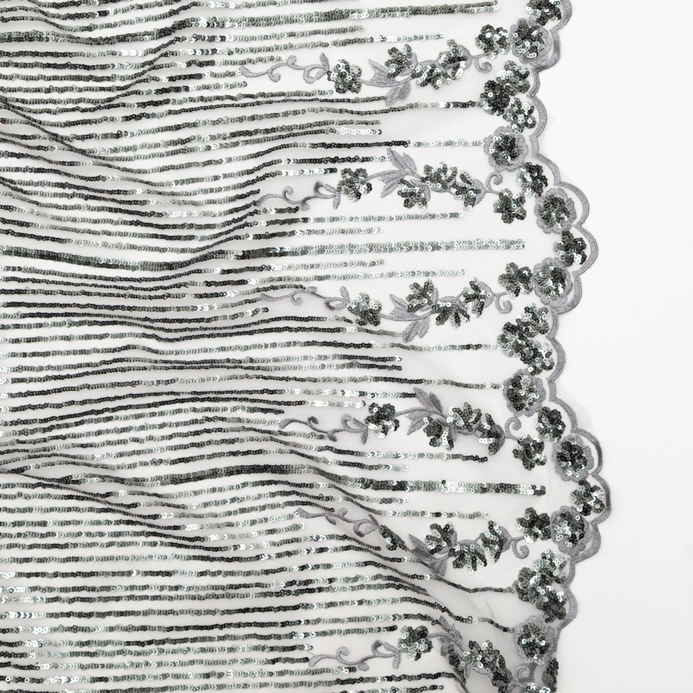 Silver Floral Border Embroidered and Sequined Lace with Finished Edges