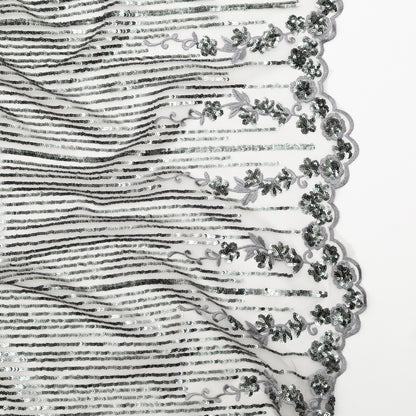 Silver Floral Border Embroidered and Sequined Lace with Finished Edges