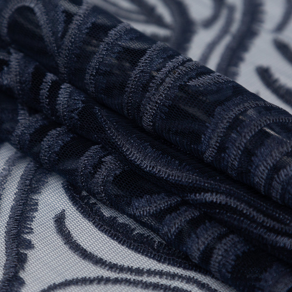 Abstract Embroidered Tulle - Metallic Navy Blue Folded