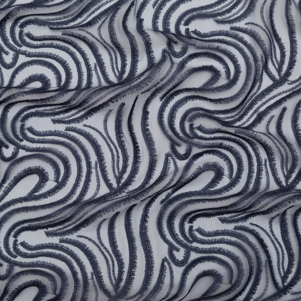 Abstract Embroidered Tulle - Metallic Navy Blue