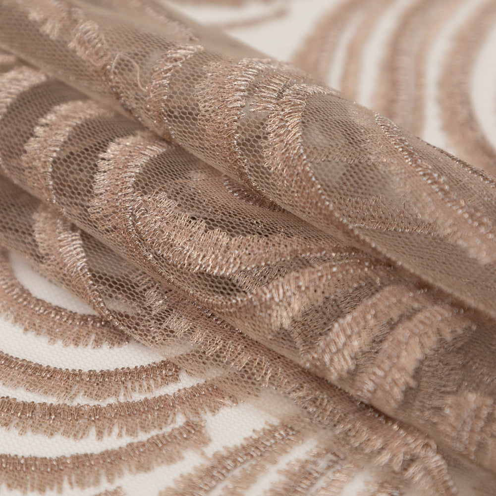 Abstract Embroidered Tulle - Metallic Pink Powder Folded