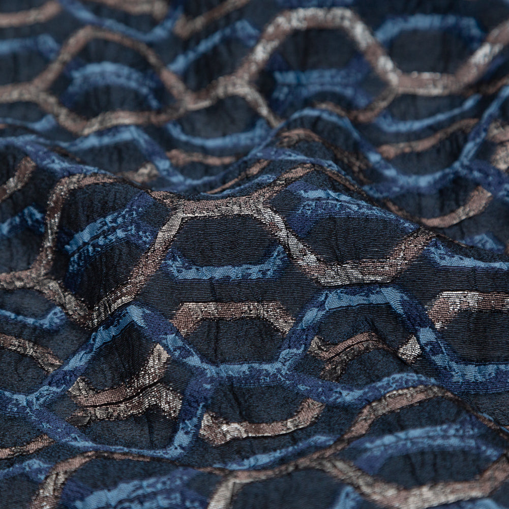 Metallic Eclipse and Silver Overlapping Hexagons Organza Brocade Detail