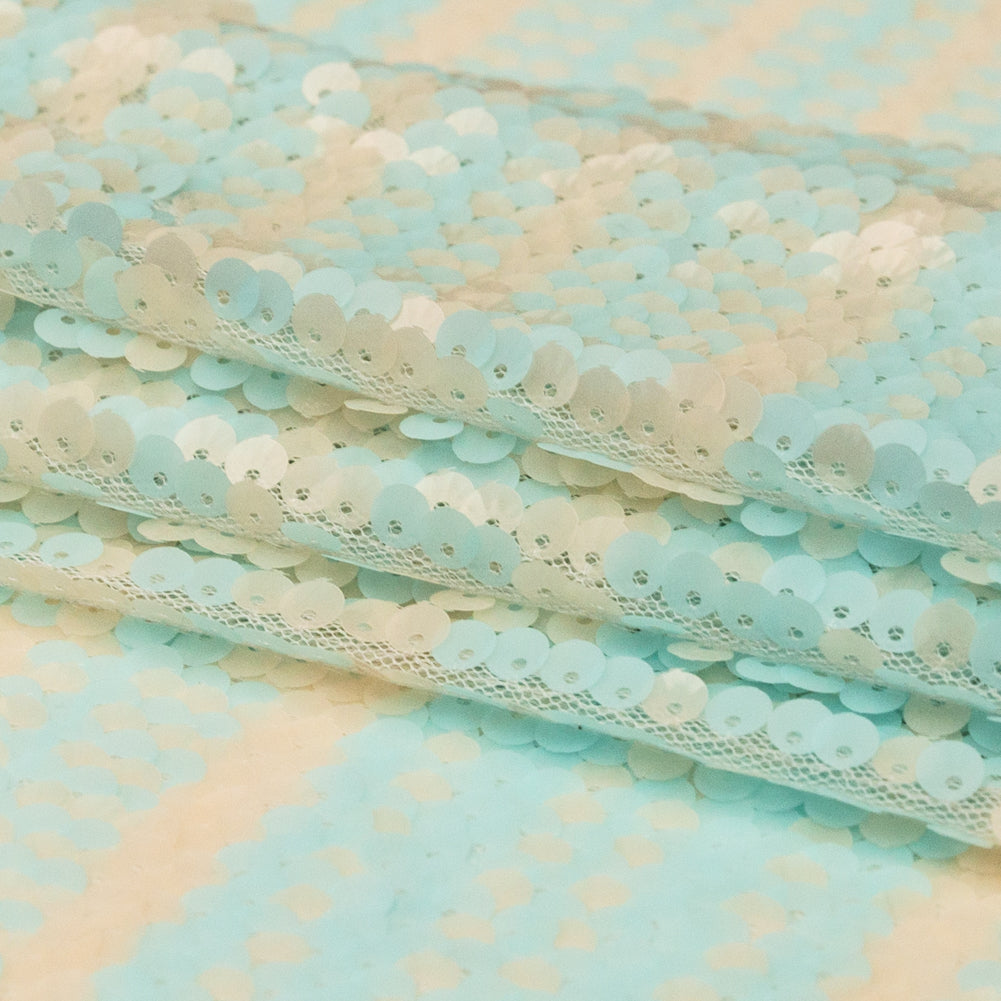 Mesh with Shell Sequins - Opal Blue and Almond Milk Stripes on White Folded