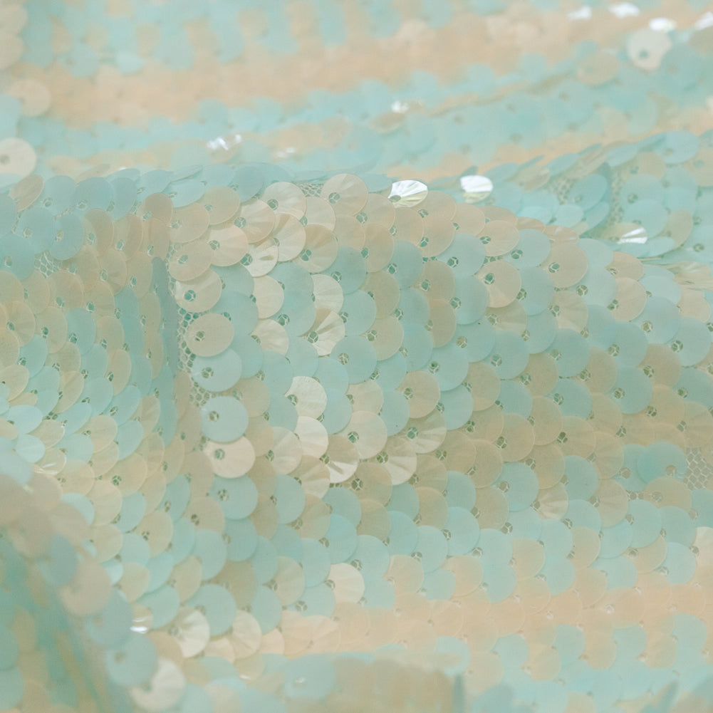Mesh with Shell Sequins - Opal Blue and Almond Milk Stripes on White Detail
