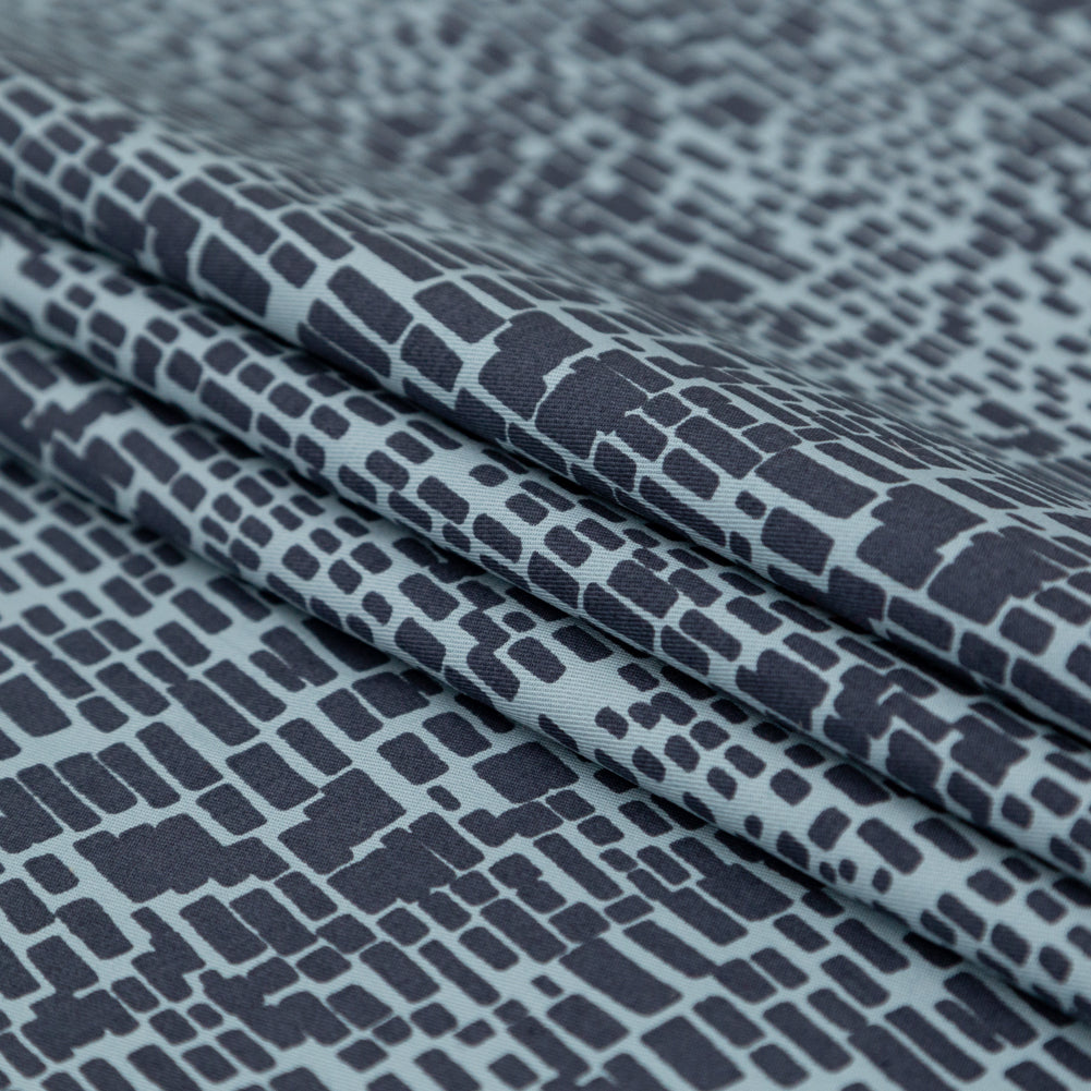 Navy on Arona Blue Bricks Printed Stretch Cotton Twill Folded