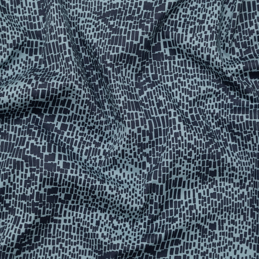 Navy on Arona Blue Bricks Printed Stretch Cotton Twill