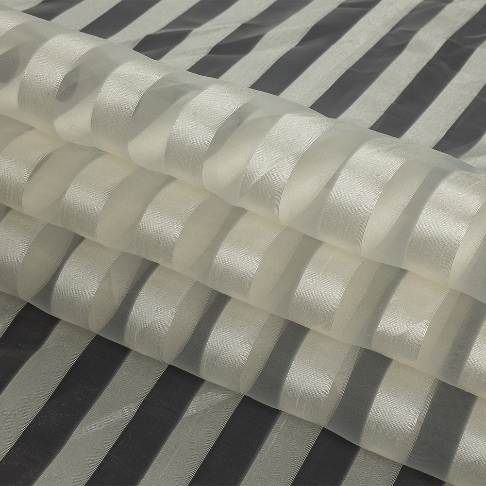 Cannoli Cream Organza with Woven Awning Stripes Folded