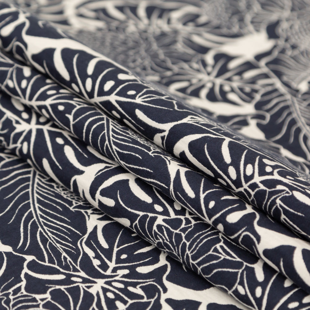 Italian Carbon Blue and Ecru Floral Cotton Jacquard Folded