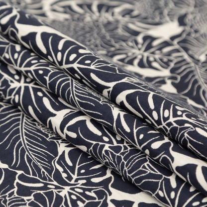 Italian Carbon Blue and Ecru Floral Cotton Jacquard Folded