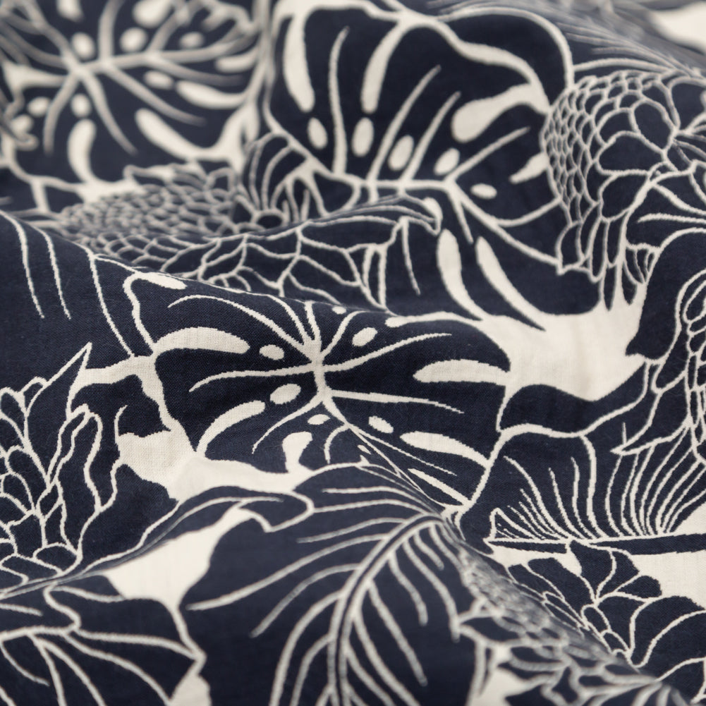 Italian Carbon Blue and Ecru Floral Cotton Jacquard Detail