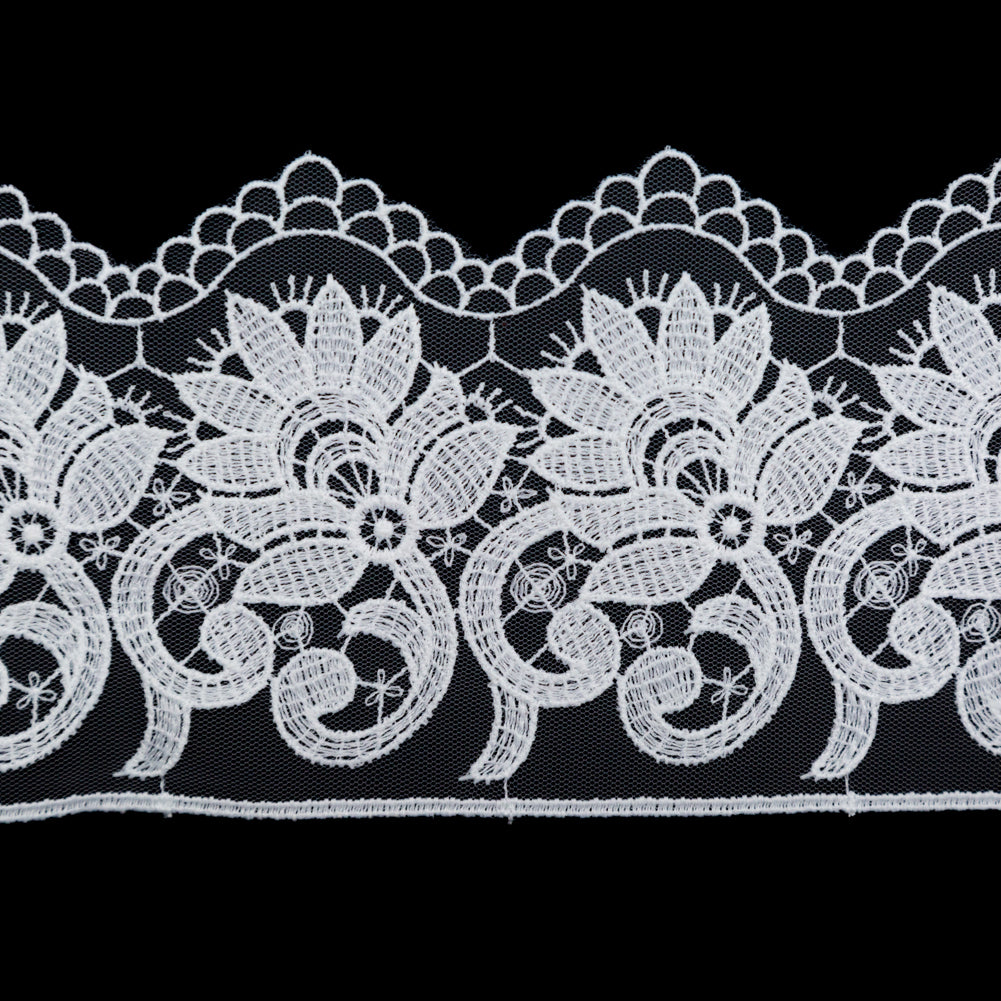 European White Floral Embroidered Lace on Mesh - 3.875" Detail