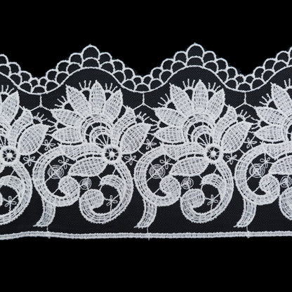 European White Floral Embroidered Lace on Mesh - 3.875" Detail