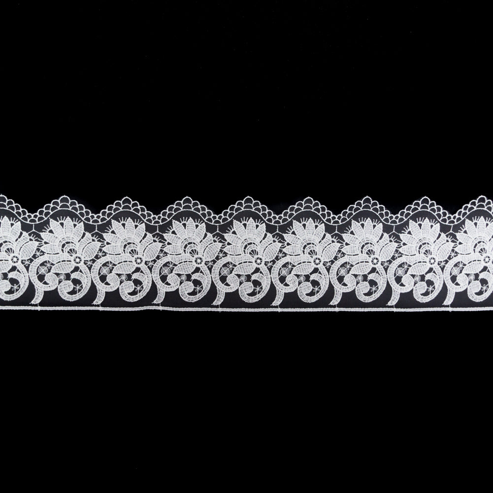 European White Floral Embroidered Lace on Mesh - 3.875"