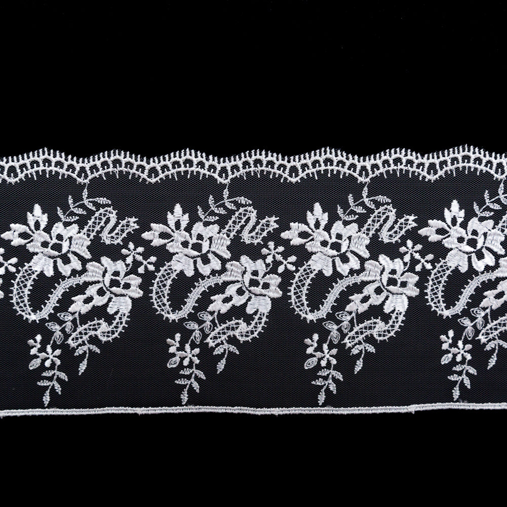 European Off-White Floral Embroidered Lace on Mesh - 4" Detail