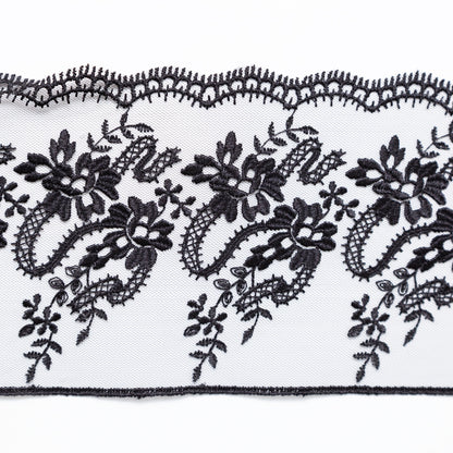 European Black Floral Embroidered Lace on Mesh - 4" Detail
