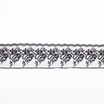 European Black Floral Embroidered Lace on Mesh - 4"
