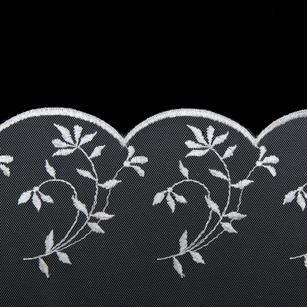 European White Scalloped Embroidery Lace on Mesh - 5.5" Detail