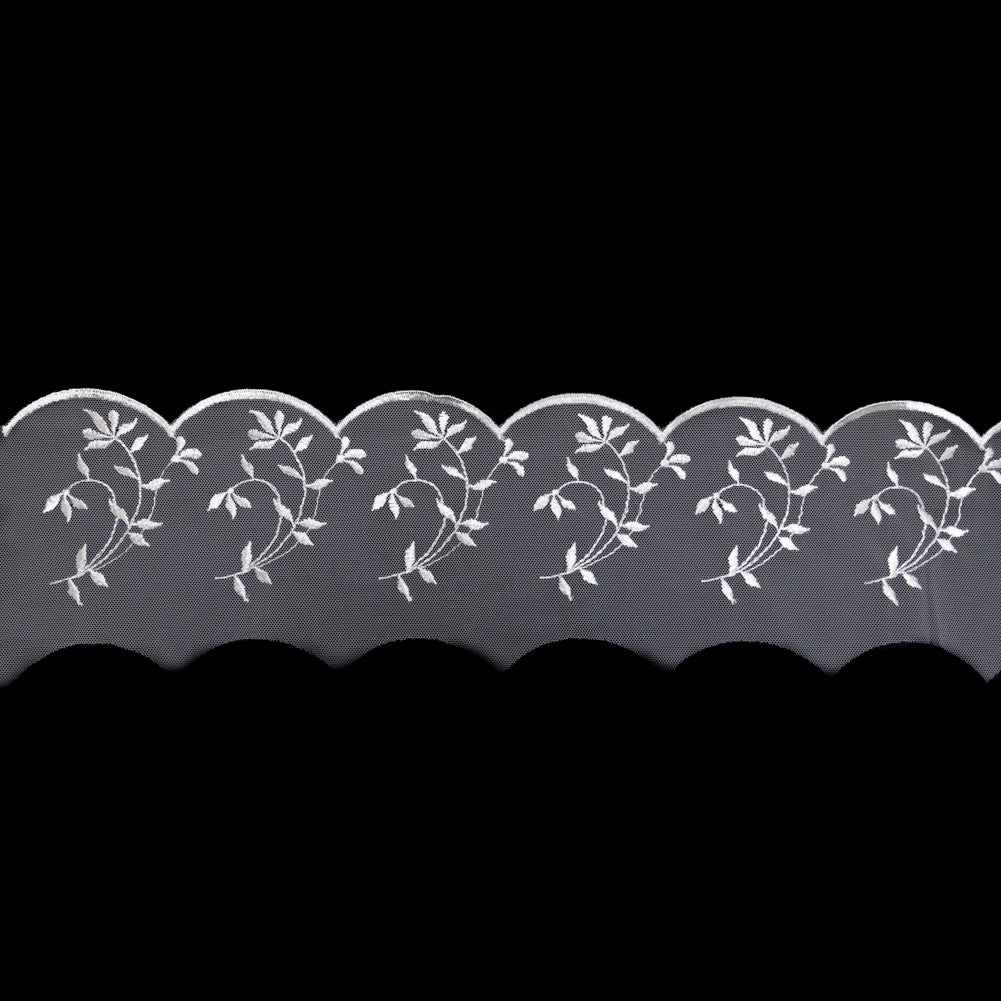 European White Scalloped Embroidery Lace on Mesh - 5.5"