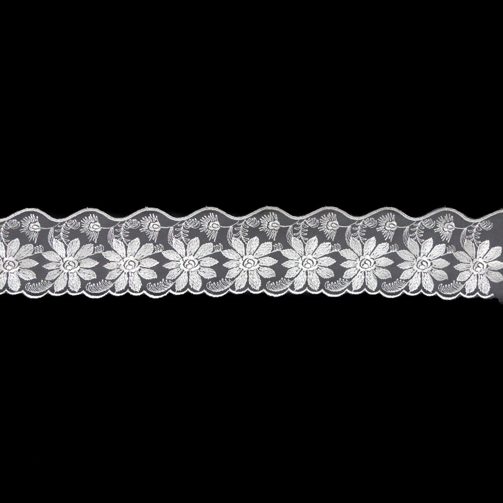 European White Floral Scalloped Embroidery Lace on Mesh - 3.375"