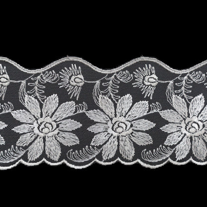 European Ivory Floral Scalloped Embroidery Lace on Mesh - 3.375" Detail