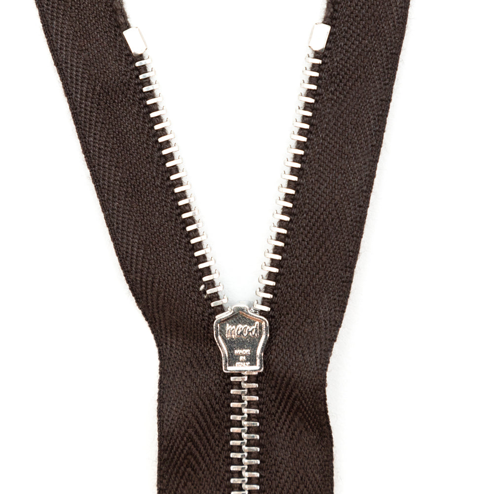 Mood Exclusive Italian Brown and Silver T3 Closed End Metal Zipper - 9" Detail