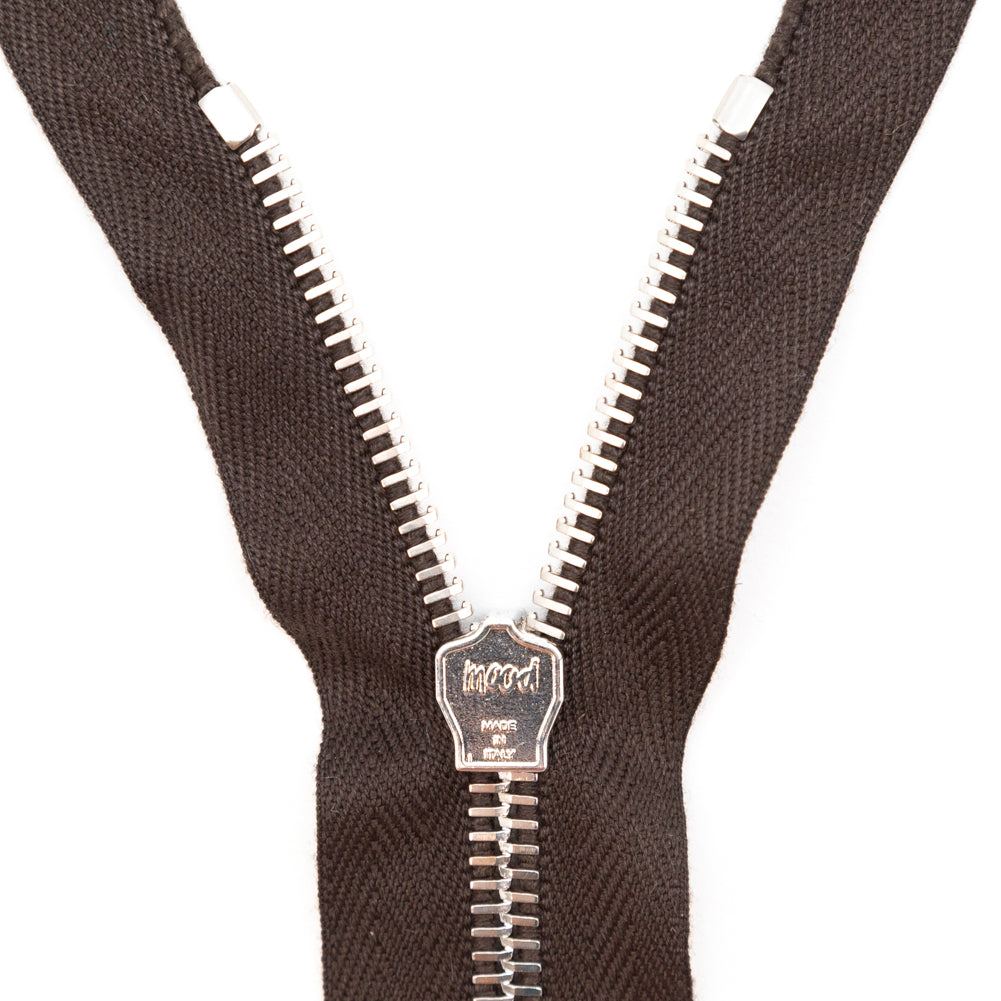 Mood Exclusive Italian Brown and Silver T5 Closed End Metal Zipper - 9" Detail