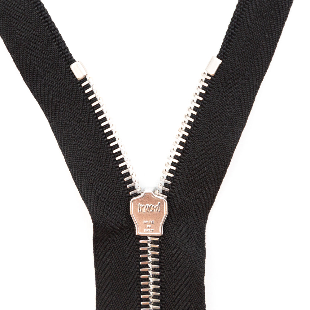 Mood Exclusive Italian Black and Silver T5 Open End Metal Zipper - 27.5" Detail