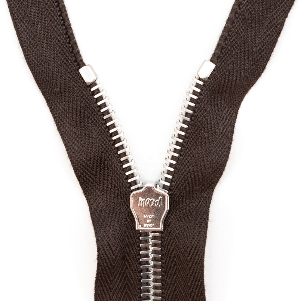 Mood Exclusive Italian Brown and Silver T5 Open End Metal Zipper - 27.5" Detail