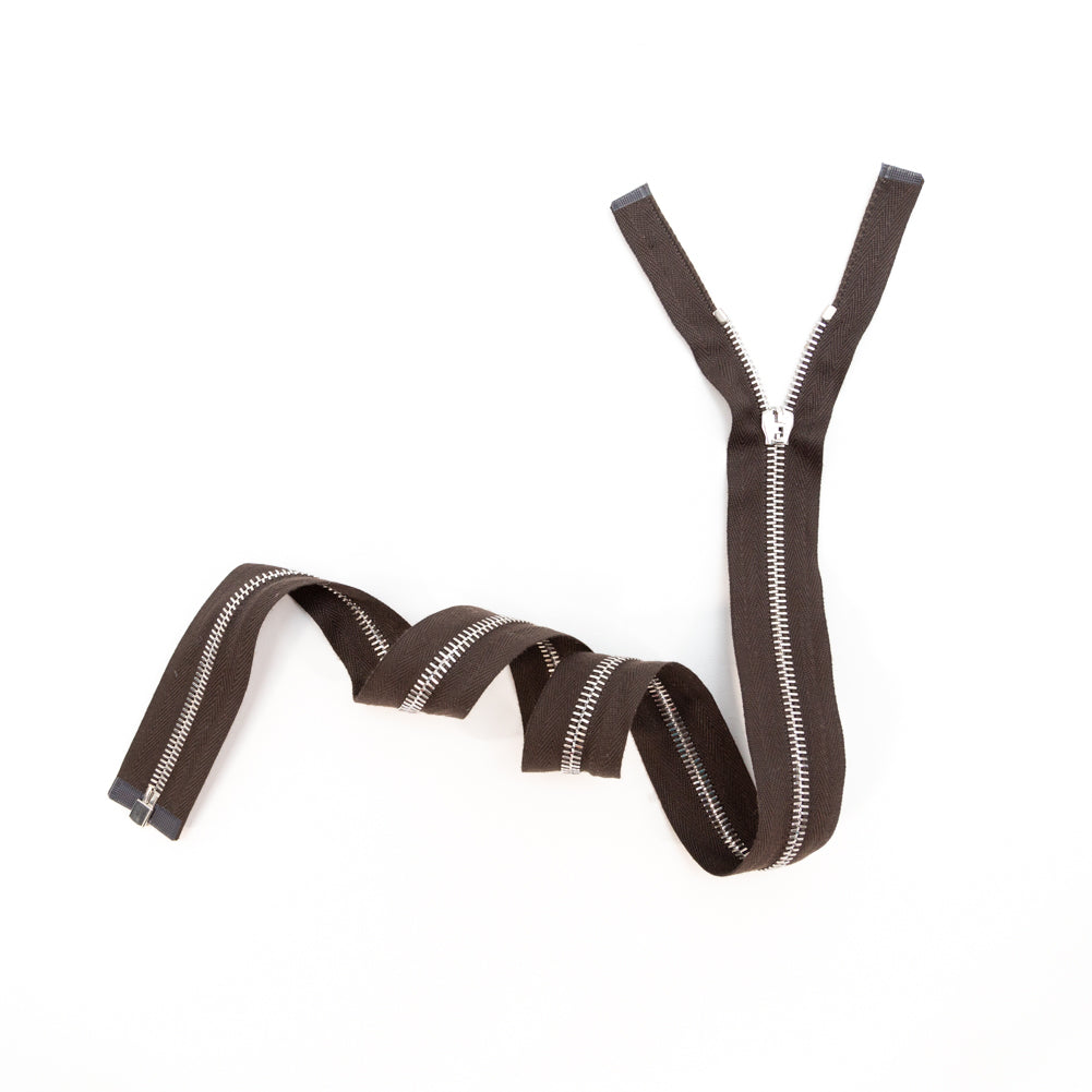 Mood Exclusive Italian Brown and Silver T5 Open End Metal Zipper - 27.5" Full