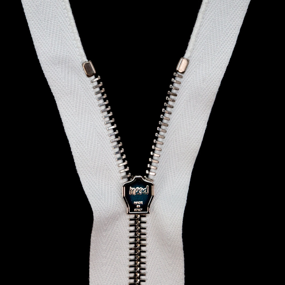 Mood Exclusive Italian White and Silver T5 Open End Metal Zipper - 27.5" Detail