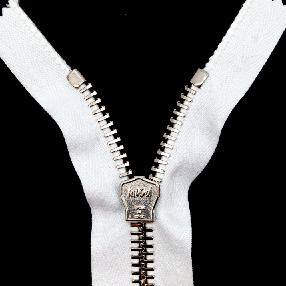 Mood Exclusive Italian White and Silver T8 Closed End Metal Zipper - 9" Detail