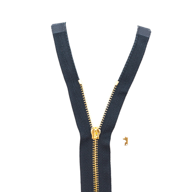 template--25130090922057__main-Mood Exclusive Italian Navy and Gold T3 Open End Metal Zipper - 27.5"