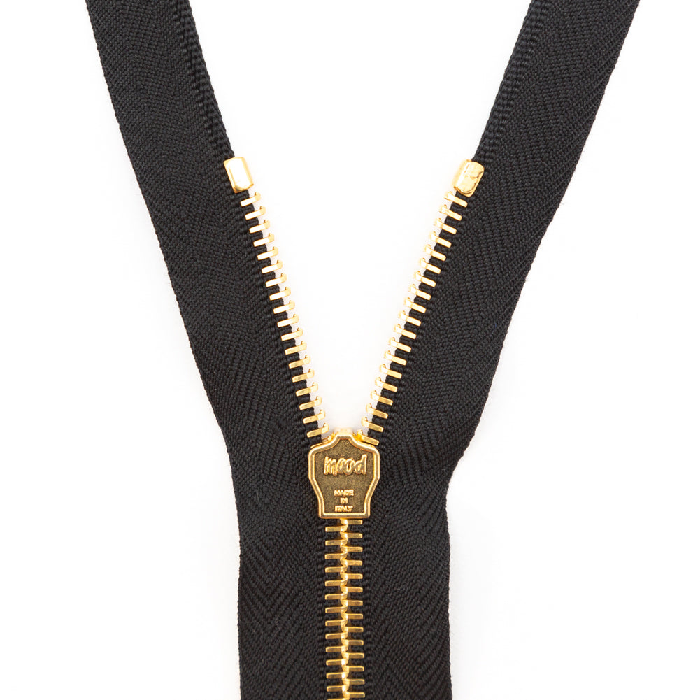 Mood Exclusive Italian Black and Gold T5 Open End Metal Zipper - 27.5" Detail