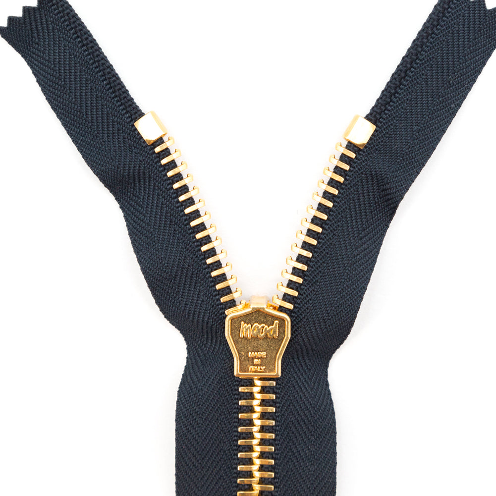 Mood Exclusive Italian Navy and Gold T8 Closed End Metal Zipper - 9" Detail