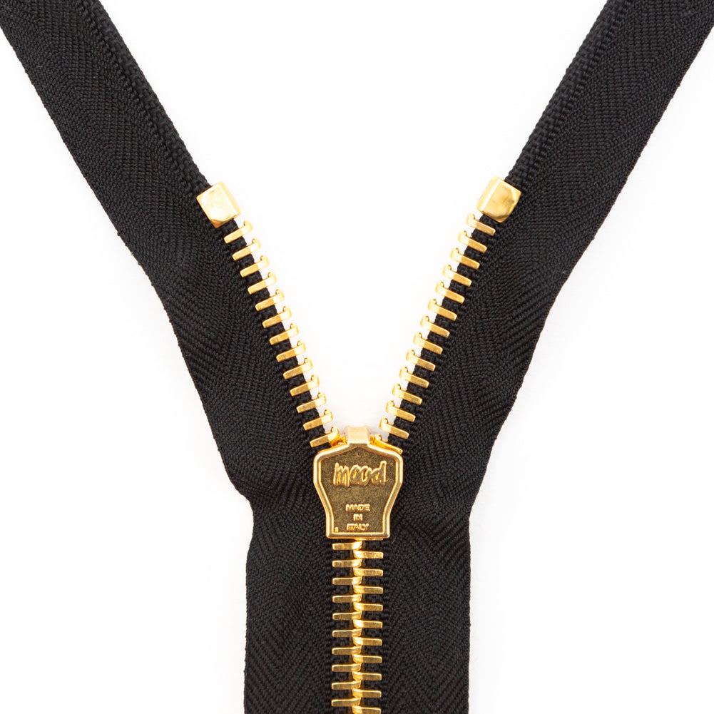 Mood Exclusive Italian Black and Gold T8 Open End Metal Zipper - 27.5" Detail