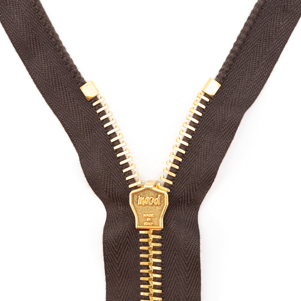 Mood Exclusive Italian Brown and Gold T8 Open End Metal Zipper - 27.5" Detail