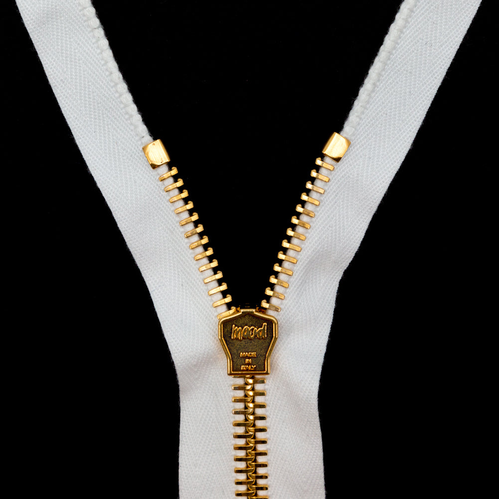Mood Exclusive Italian White and Gold T8 Open End Metal Zipper - 27.5" Detail