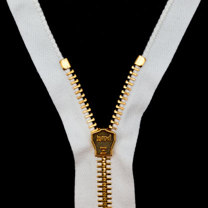 Mood Exclusive Italian White and Gold T8 Open End Metal Zipper - 27.5" Detail
