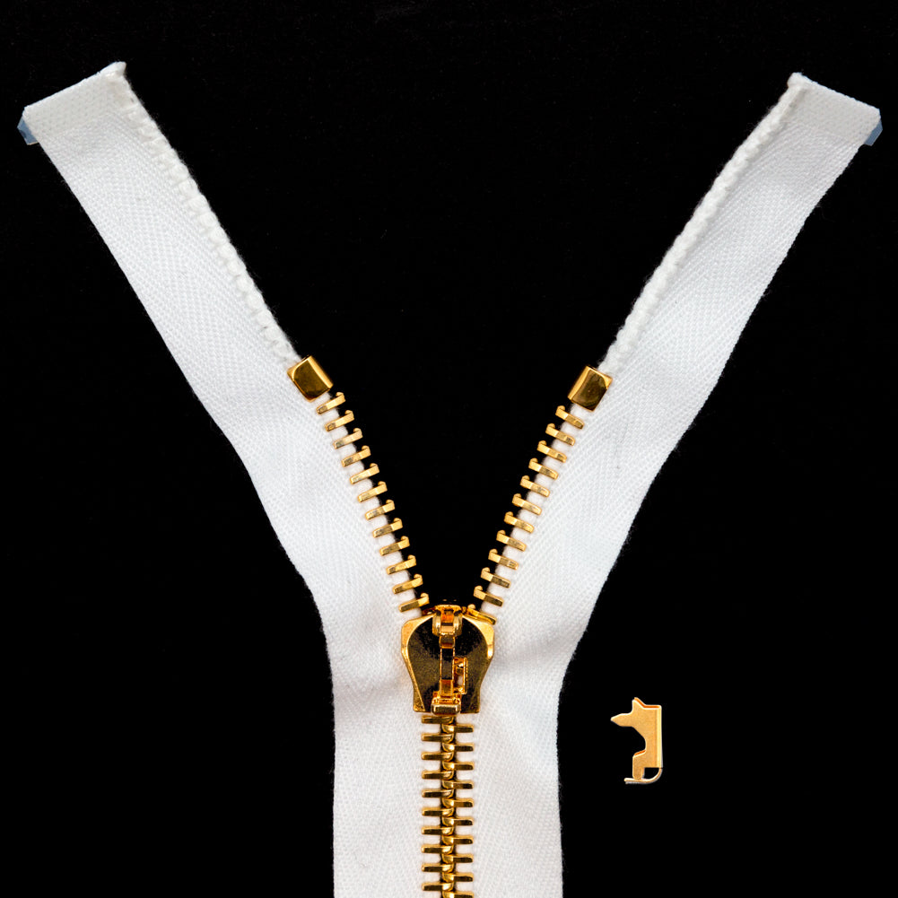 Mood Exclusive Italian White and Gold T8 Open End Metal Zipper - 27.5"