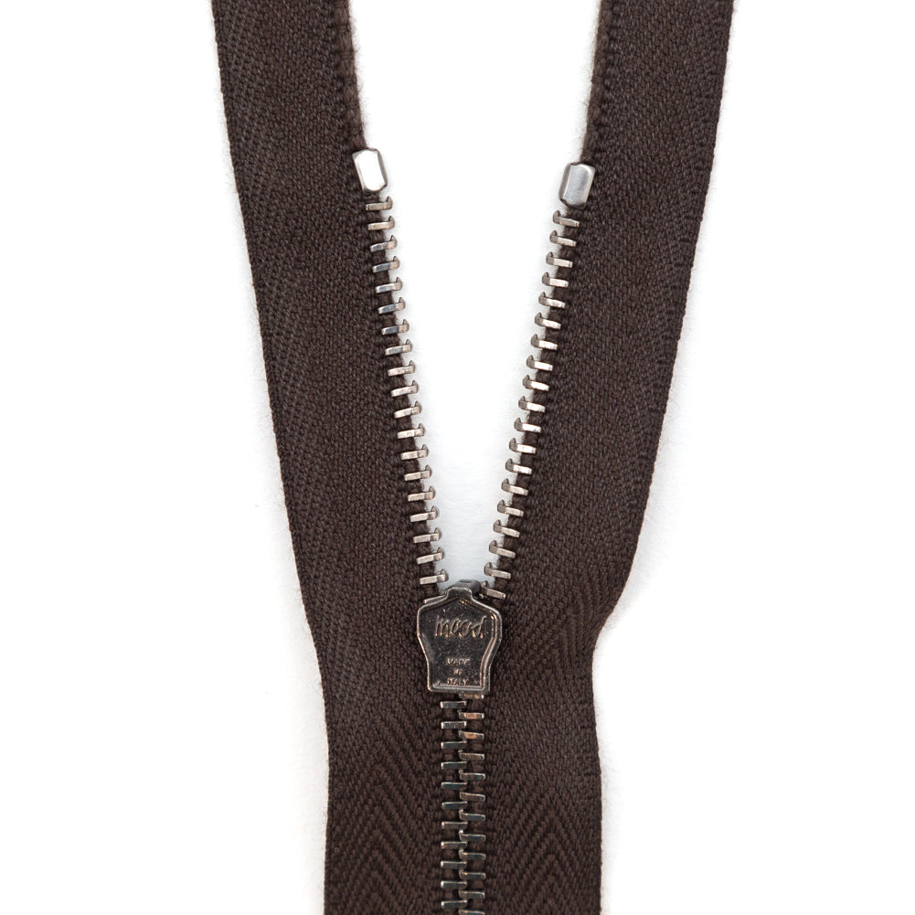 Mood Exclusive Italian Brown and Gunmetal T3 Closed End Metal Zipper - 9" Detail
