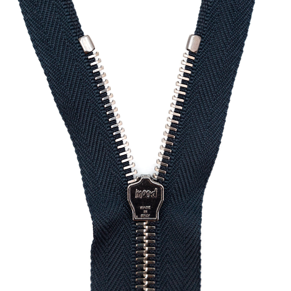 Mood Exclusive Italian Navy and Gunmetal T5 Closed End Metal Zipper - 9" Detail