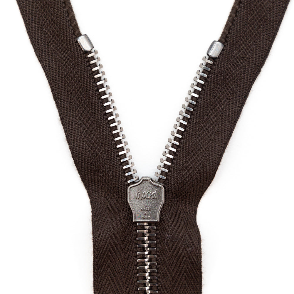 Mood Exclusive Italian Brown and Gunmetal T5 Closed End Metal Zipper - 9" Detail
