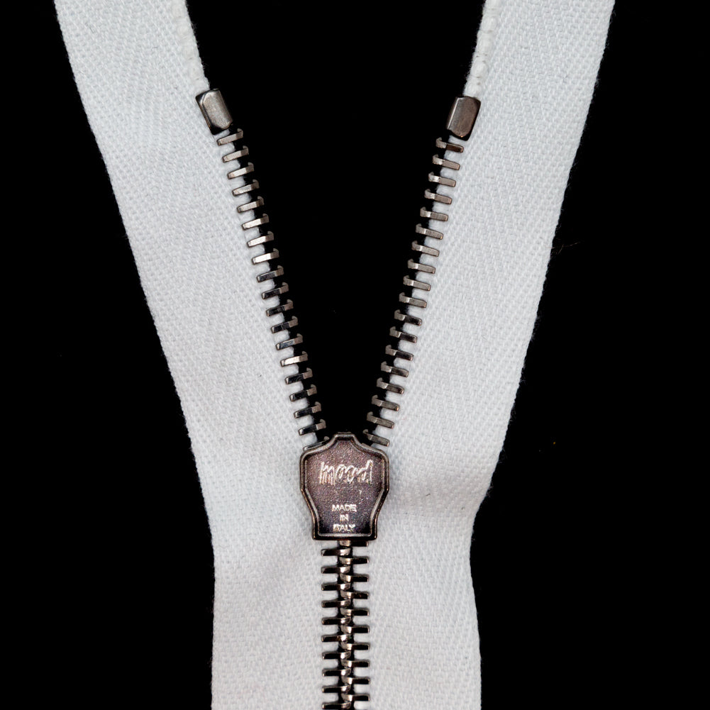 Mood Exclusive Italian White and Gunmetal T5 Closed End Metal Zipper - 9" Detail