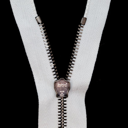 Mood Exclusive Italian White and Gunmetal T5 Closed End Metal Zipper - 9" Detail