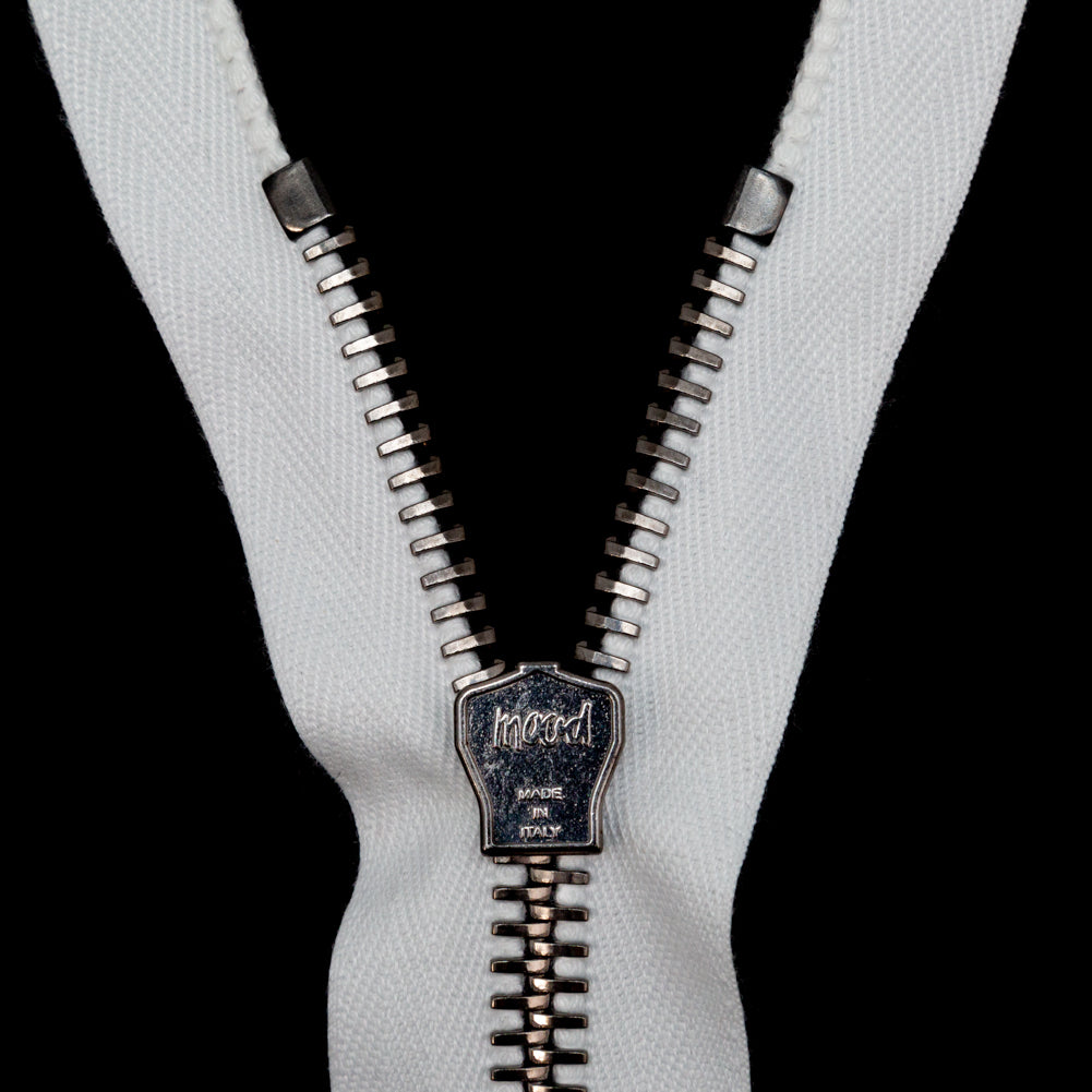 Mood Exclusive Italian White and Gunmetal T8 Closed End Metal Zipper - 9" Detail